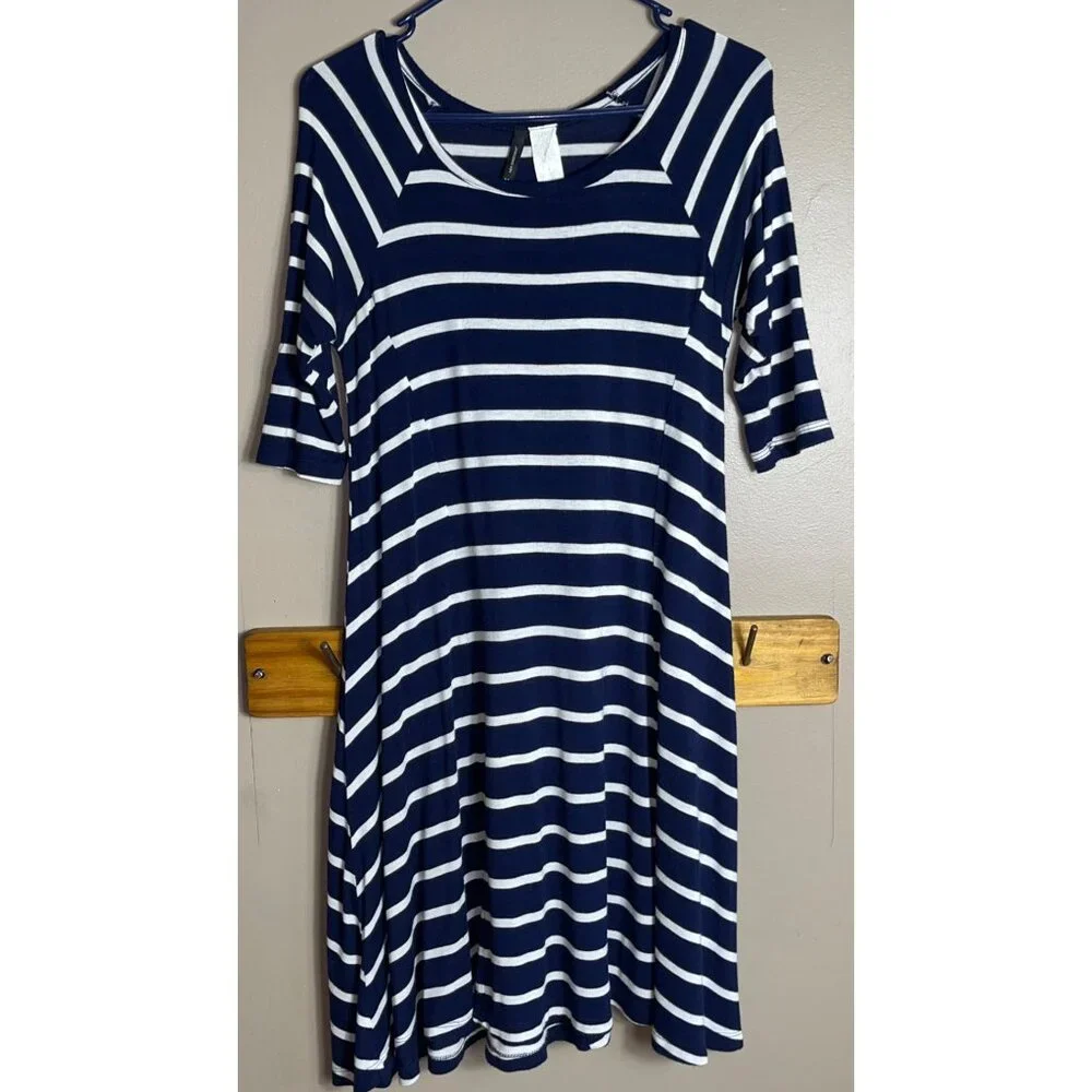 New Directions Dress Blue Stripe Knit Jersey Swing Trapeze Comfort Womens S - Picture 7 of 10